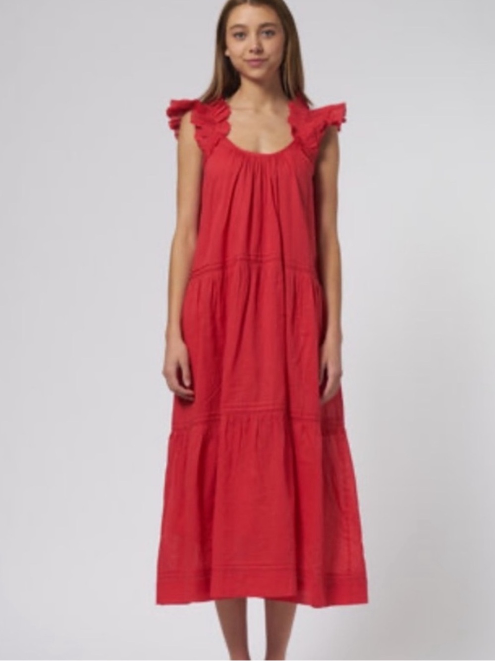 The Great. Dove Midi Dress Ruffle Sleeveless Cotton Maxi Dress Red Medium